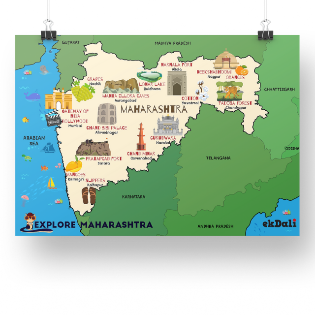 Maharashtra Map for Kids-  Wall Poster - Super Squ Explores Maharastra - Monuments and Land Marks